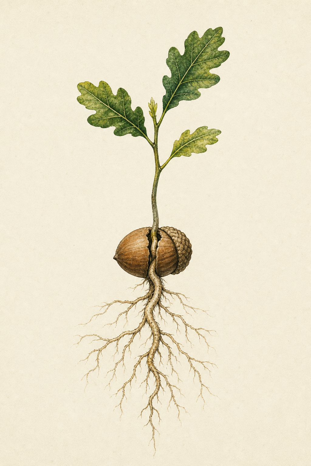 An oak seedling growing from a cracked acorn, with its roots extending below